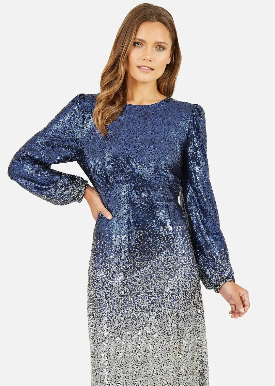 Yumi Navy Sequin Ombre Long Sleeve Midi Dress