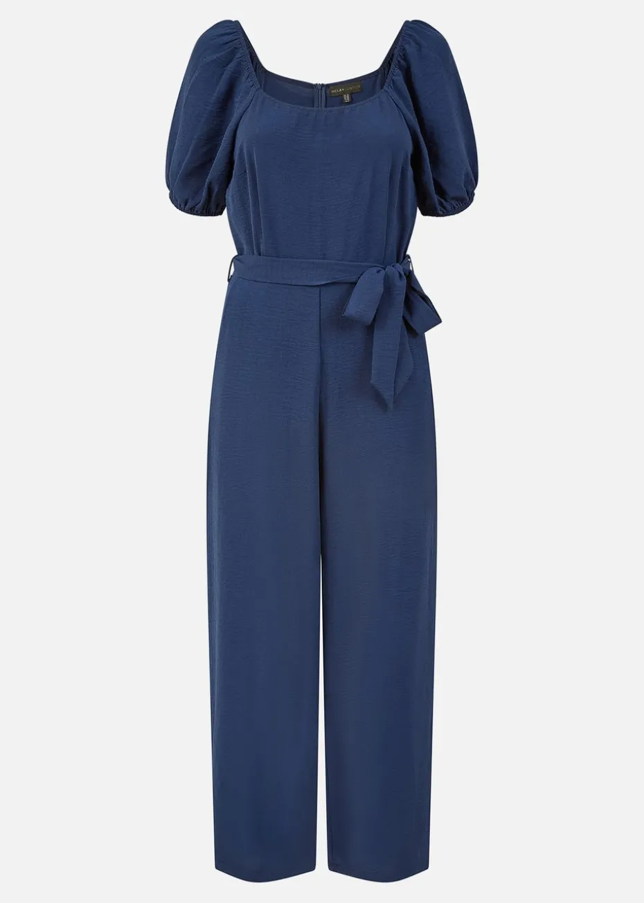 Yumi Navy Square Neck Puff Sleeve Culotte Jumpsuit