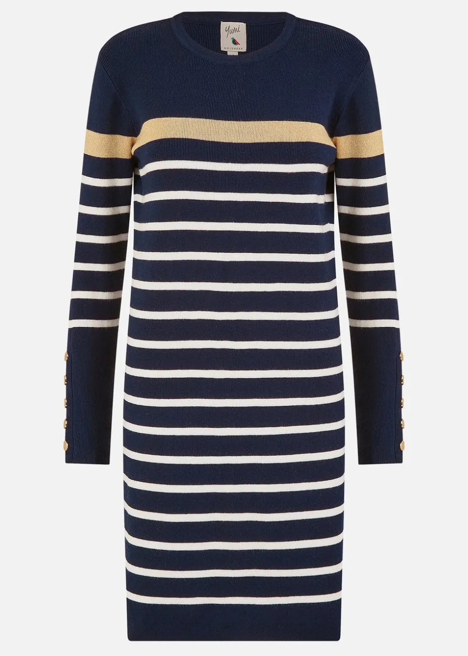 Yumi Navy Striped Knitted Dress With Button Cuff Detail