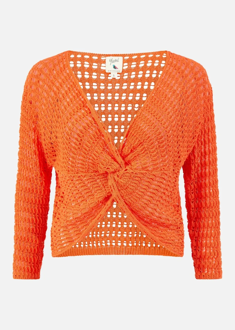 Yumi Orange Crochet Cotton Twisted Bolero Top
