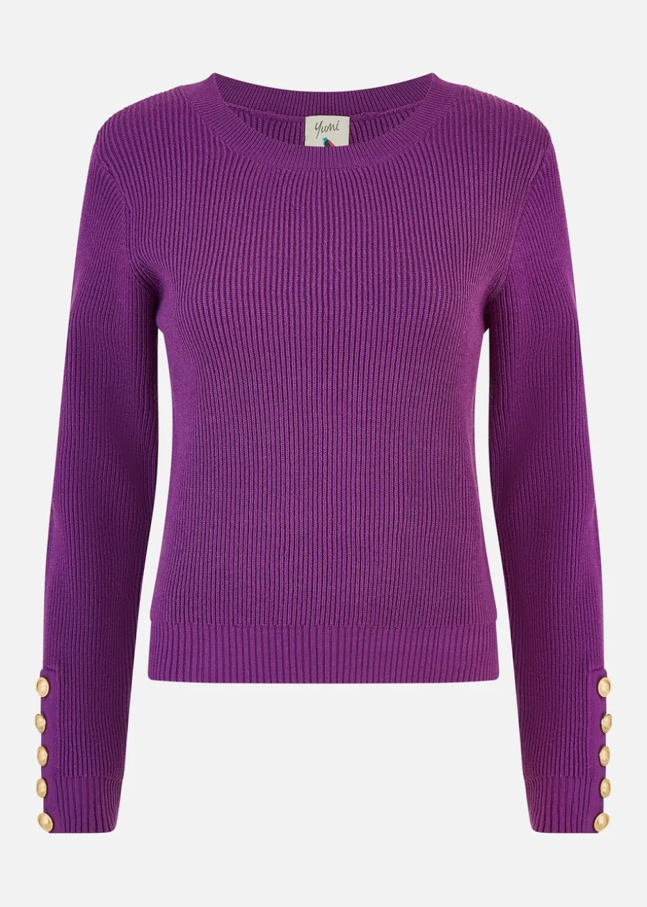 Yumi Purple Rib Knitted Jumper With Sleeve Button Detail