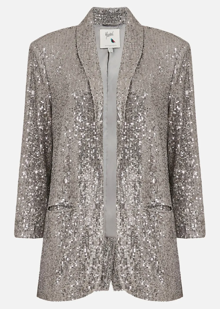 Yumi Silver Sequin Blazer With Pockets