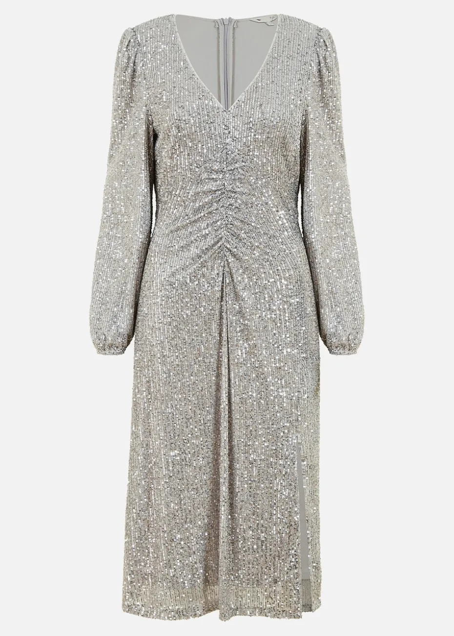 Yumi Silver Sequin Ruched Front Long Sleeve Midi Dress