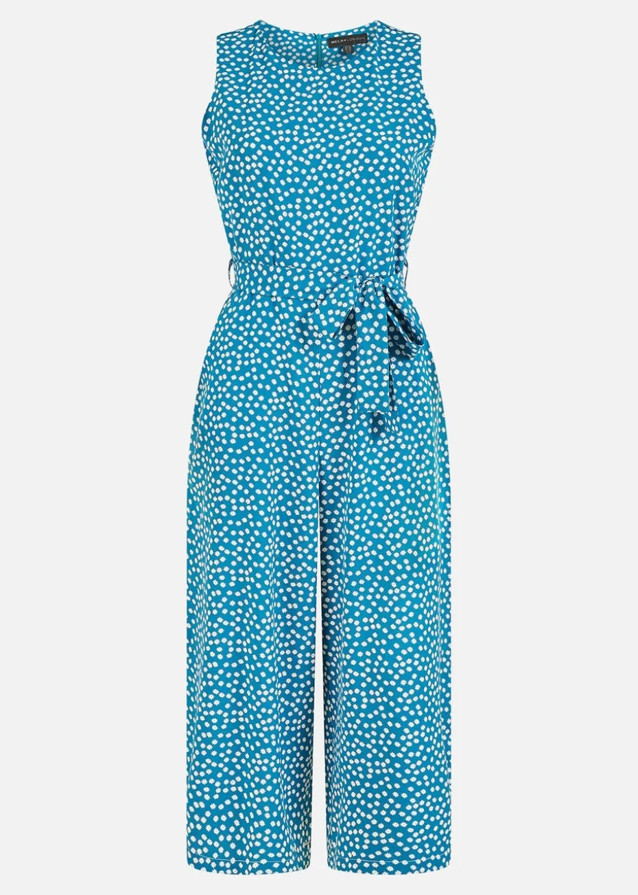 Yumi Teal Ditsy Daisy Sleeveless Culotte Jumpsuit