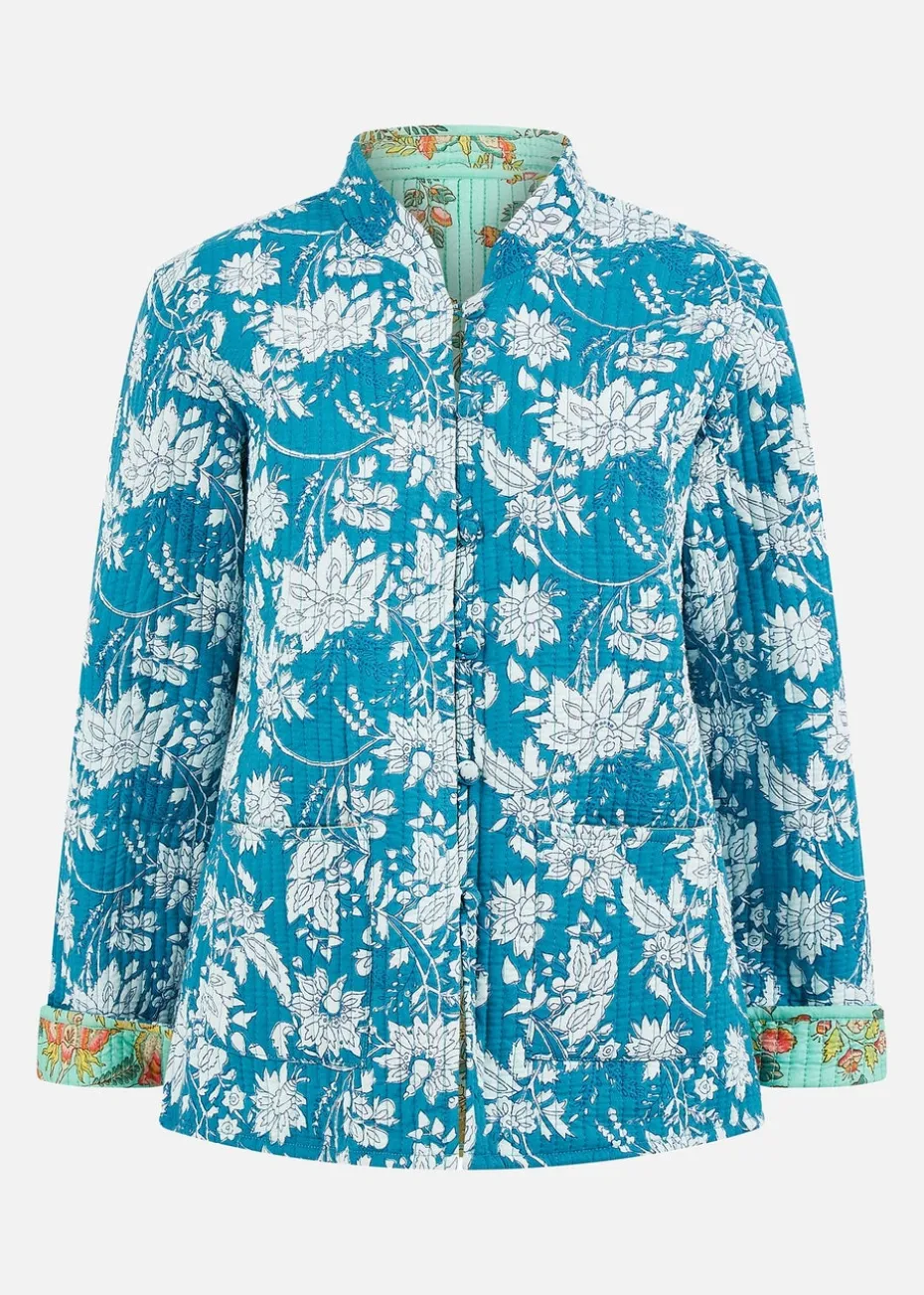 Yumi Teal Floral Reversible Cotton Quilted Jacket