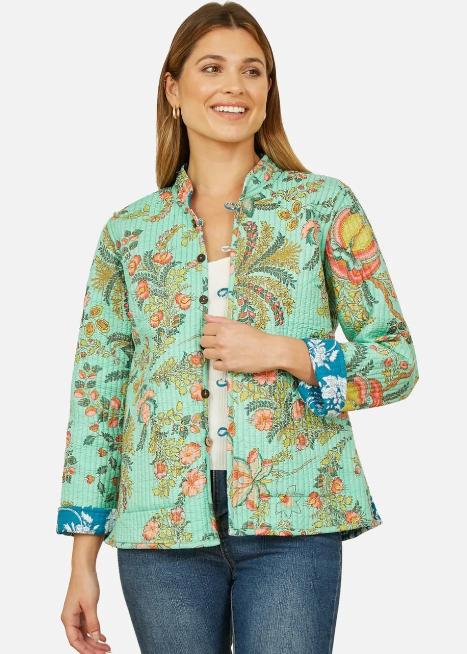 Yumi Teal Floral Reversible Cotton Quilted Jacket
