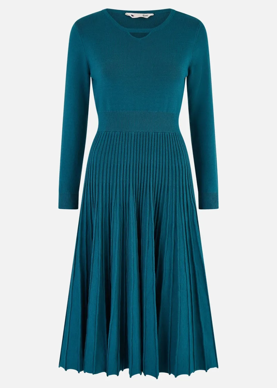 Yumi Teal Knitted Pleated Skater Dress With Notch Neckline