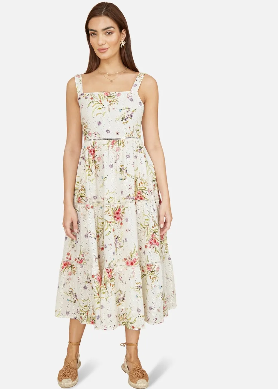 Yumi White Floral Broderie Anglaise Midi Sun Dress