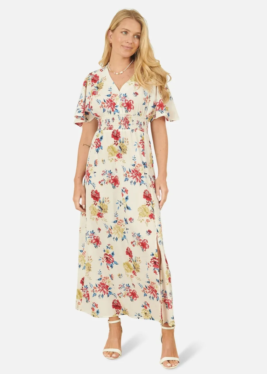 Yumi White Floral Recycled Fabric Ruched Waist Midi Dress