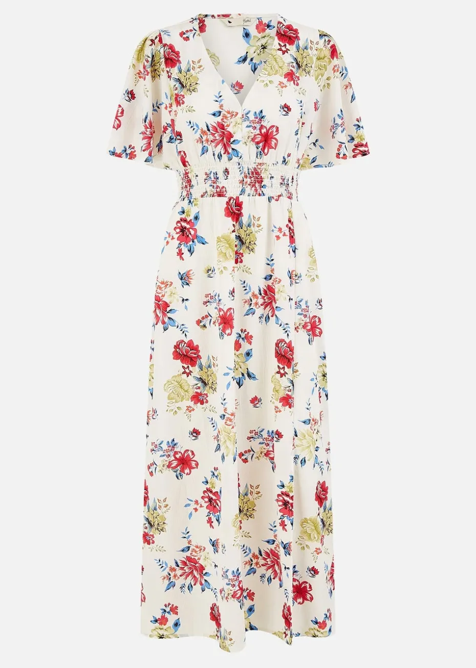 Yumi White Floral Recycled Fabric Ruched Waist Midi Dress