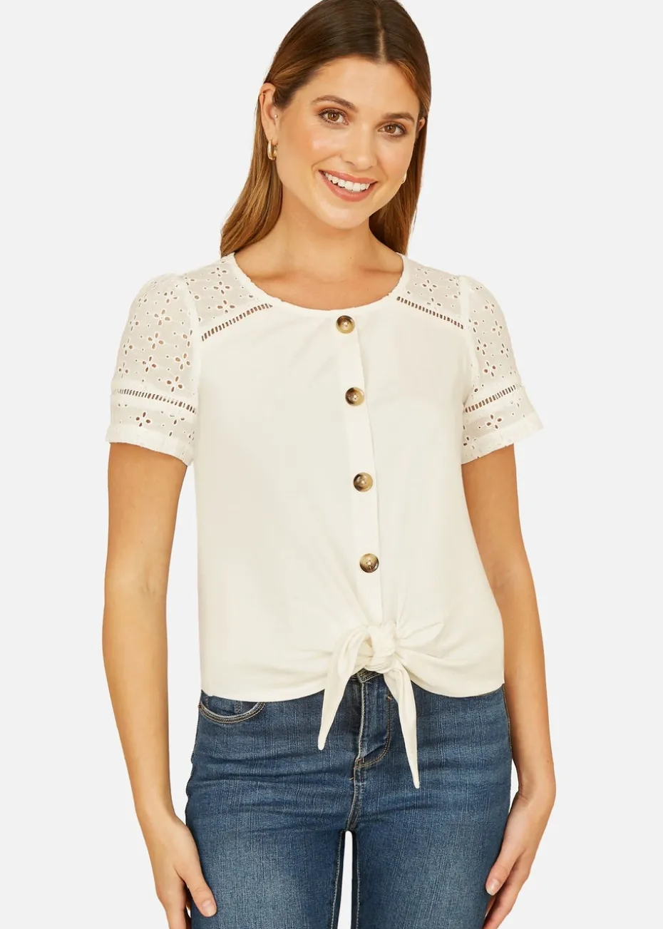 Yumi White Jersey Button Detail T Shirt With Broderie Anglaise Sleeves & Tie Front
