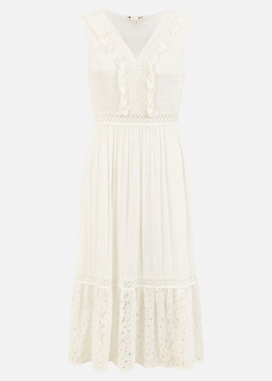 Yumi White Lace And Dobby Cotton Midi Dress