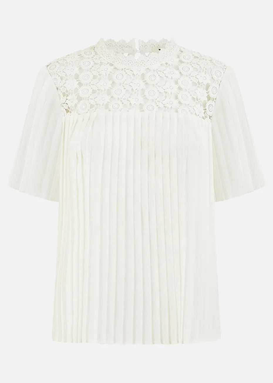 Yumi White Lace Panel Pleated Short Sleeve Top