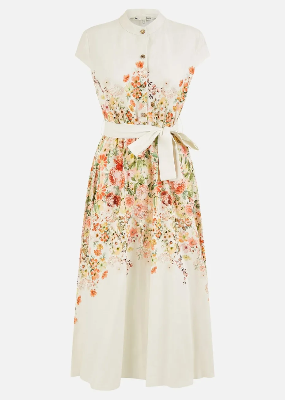 Yumi White Linen Floral Mirrored Placement Skater Dress