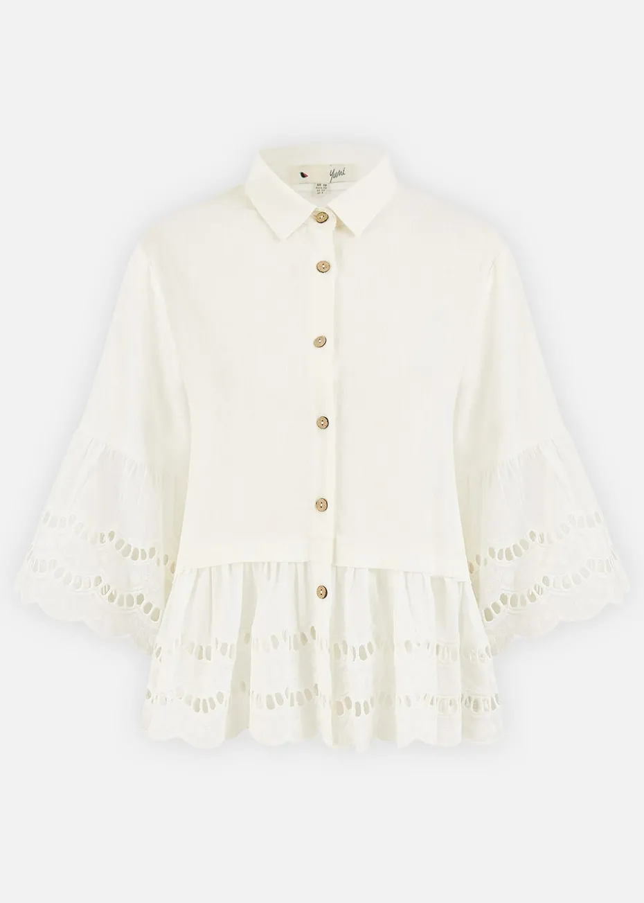 Yumi White Linen Relaxed Shirt With Scallop Trims