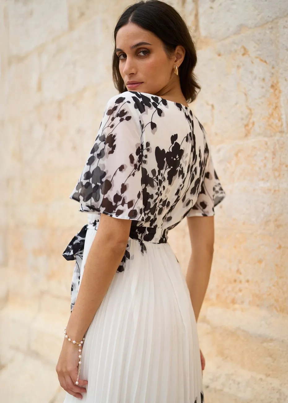 Yumi White Mirror Floral Design Pleated Midi Dress