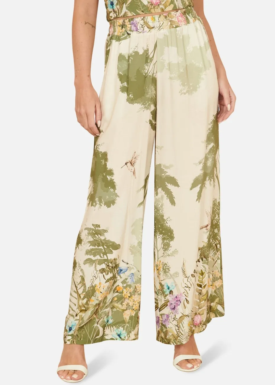 Yumi White Palm Print Wide Leg Trousers