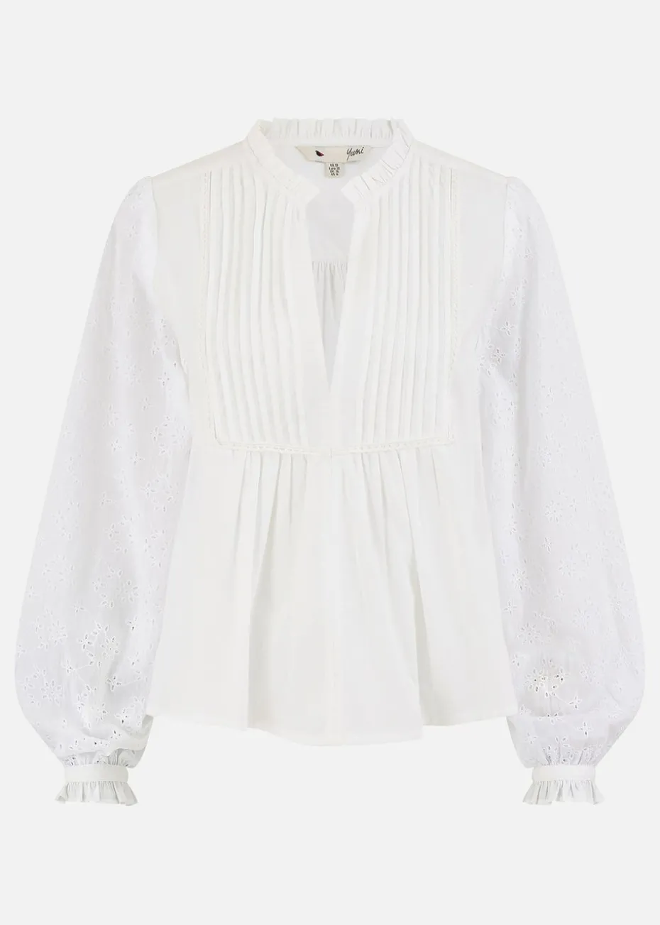 Yumi White Pleated Cotton Bib Shirt
