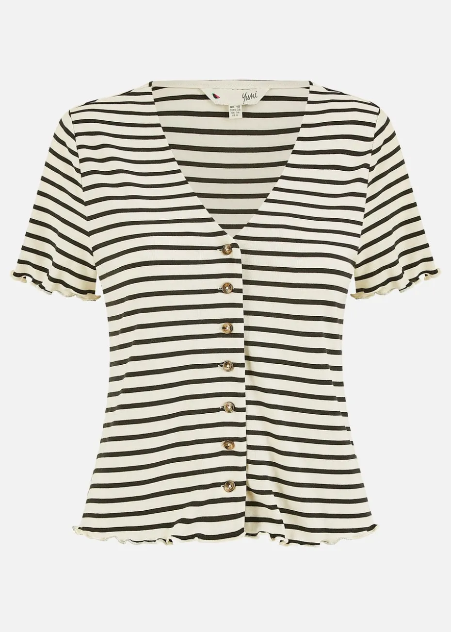 Yumi White Striped Cotton Jersey Lettuce Trim T-Shirt